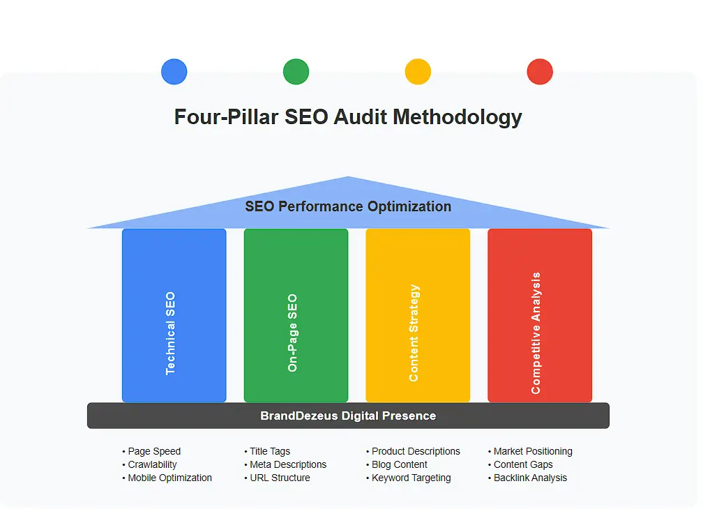 Comprehensive four-pillar SEO audit methodology applied to BrandDezeus