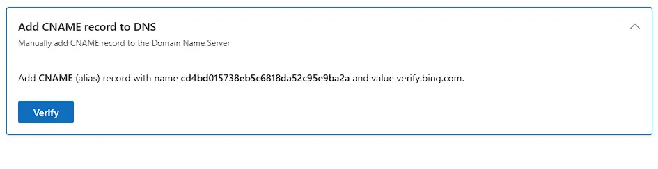 Screenshot of bing site verification using CNAME