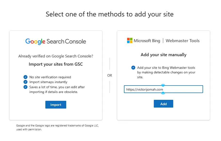 Screenshot of how to manually add a site to bing webmaster