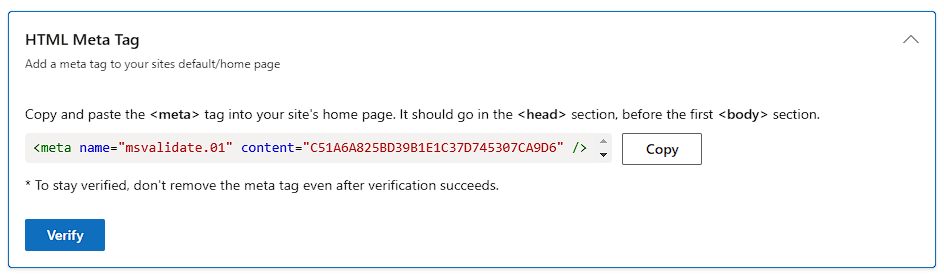 Screenshot of meta tag verification on bing