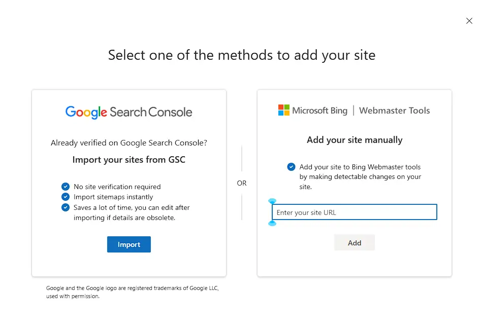 screenshot of importing data from Google Search  to bing webmaster tools