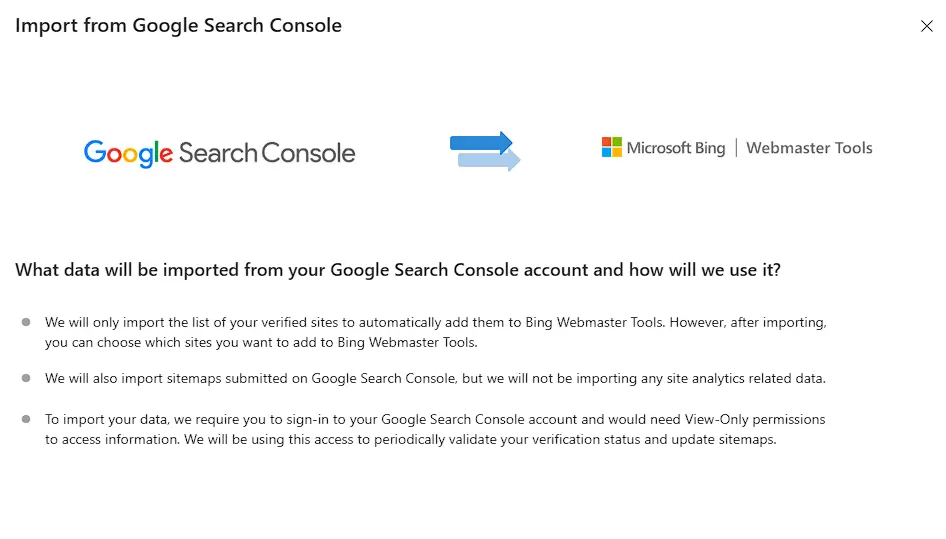 screenshot of the confirmation screen of what gets imported into bing webmaster from google search console