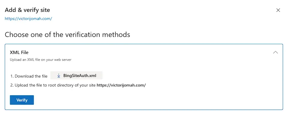 screenshot to verify site with xml on bing 
